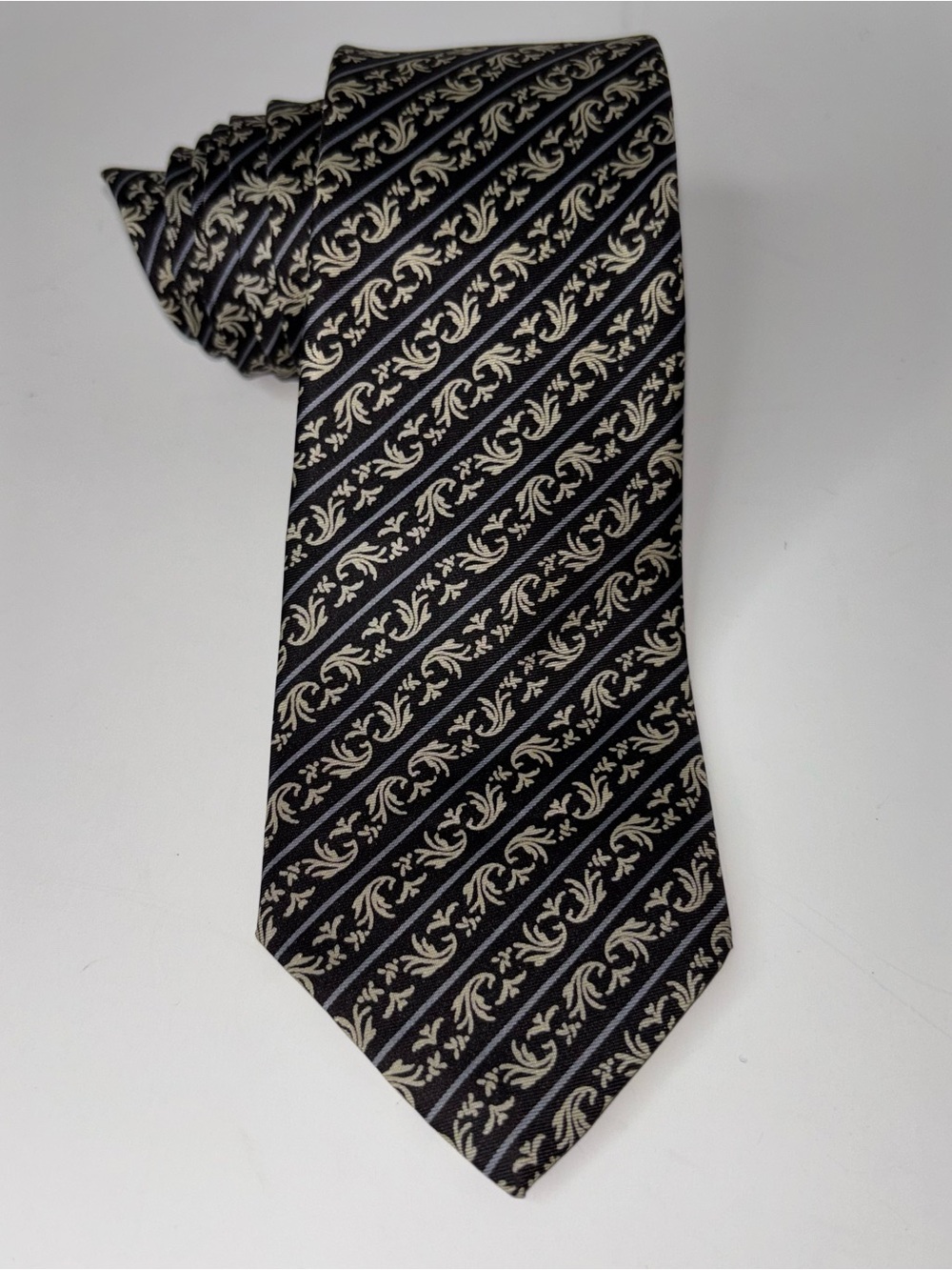 Vintage Christian Dior Cravates Silk Necktie Baroque Scroll Gray Tie